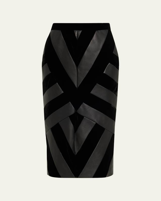 Chevron Paneled Leather Midi Pencil Skirt